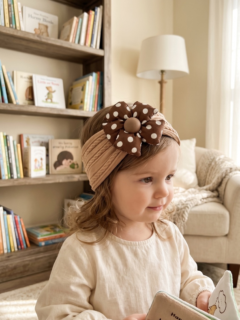 Handmade Baby/Toddler Cable Knit Turban Headwrap with Polka Dot Flower